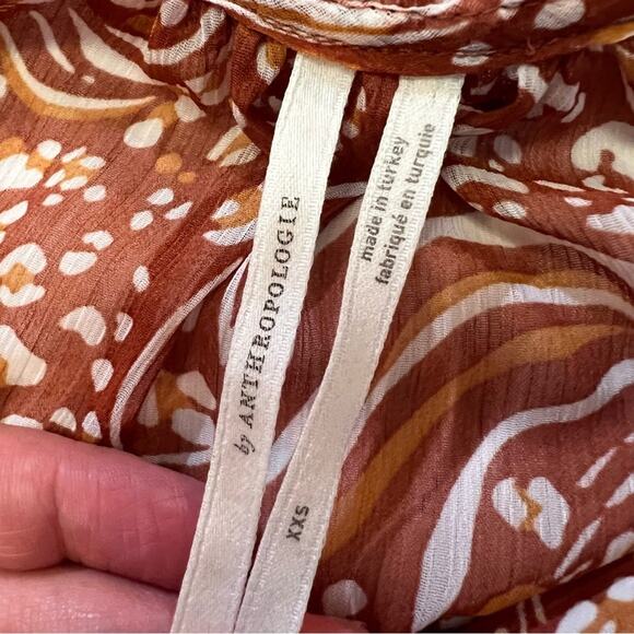 Anthropologie Sheer Printed Peasant Blouse Orange Cream XXS - Picture 5 of 15